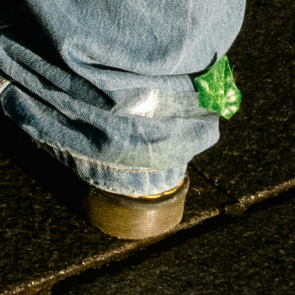 Photographie de rue isolant un pli de pantalon avec une feuille d'arbre collé dessus.